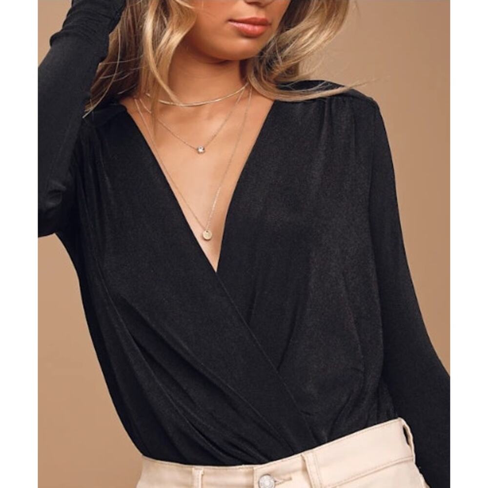 Black Draped Surplice Bodysuit Long Sleeve Intimately Free People Size L - Picture 8 of 9
